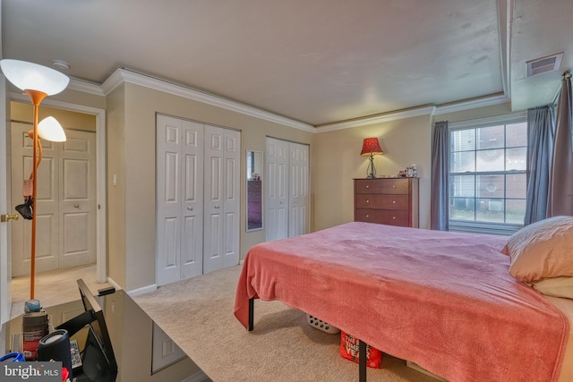 carpeted bedroom with ornamental molding and two closets