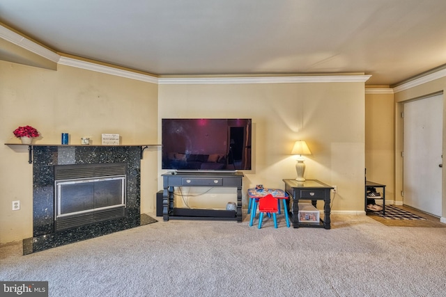 carpeted living room with a fireplace and ornamental molding