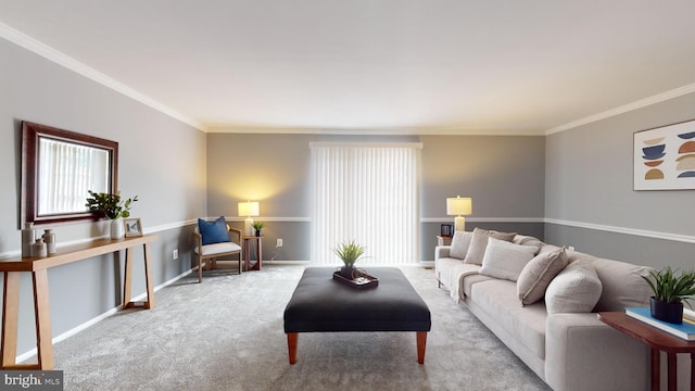 living room featuring light colored carpet and ornamental molding