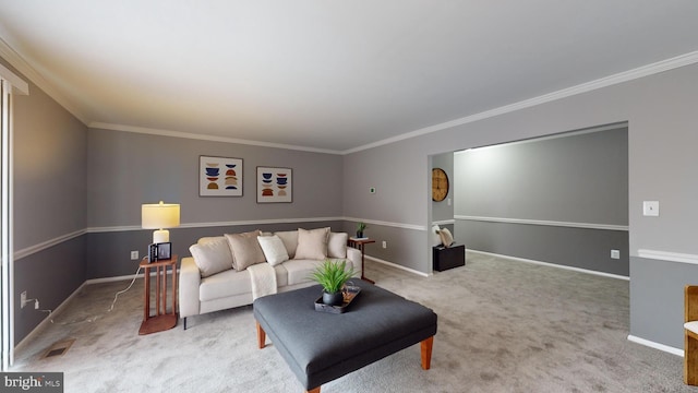 living room featuring carpet floors and ornamental molding