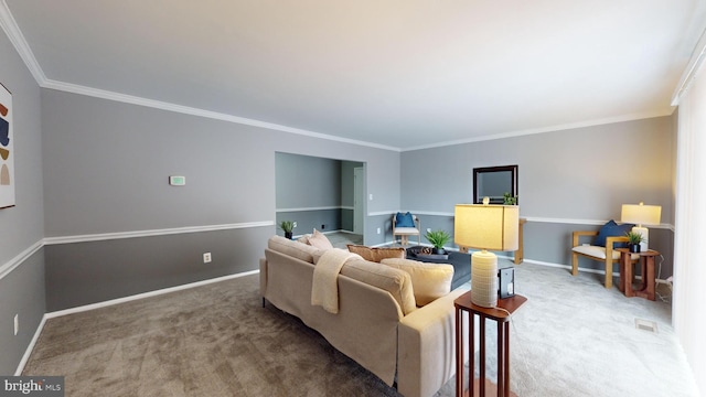 living room with crown molding and carpet floors