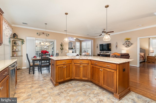 kitchen with a center island and crown molding