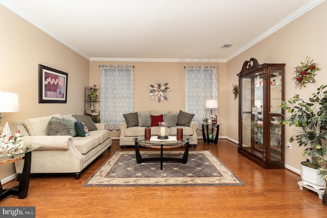 living room featuring hardwood / wood-style floors and ornamental molding