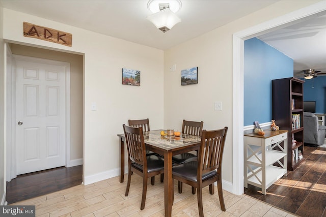 dining room with ceiling fan and light hardwood / wood-style floors