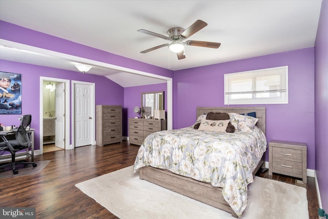 bedroom with connected bathroom, ceiling fan, and dark hardwood / wood-style floors