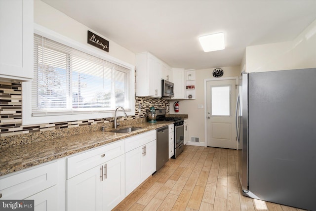 kitchen with backsplash, sink, white cabinetry, and stainless steel appliances