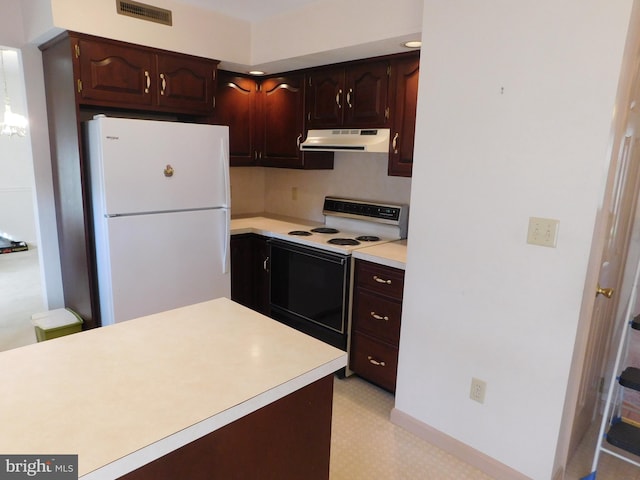 kitchen with dark brown cabinetry and white appliances