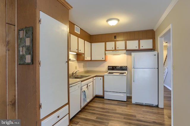 kitchen featuring white cabinets, white appliances, and sink