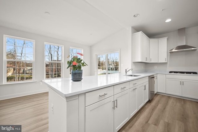 kitchen featuring stainless steel dishwasher, sink, wall chimney range hood, light hardwood / wood-style floors, and white cabinetry