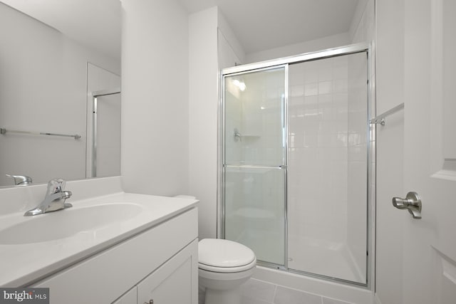 bathroom with tile patterned flooring, vanity, toilet, and an enclosed shower