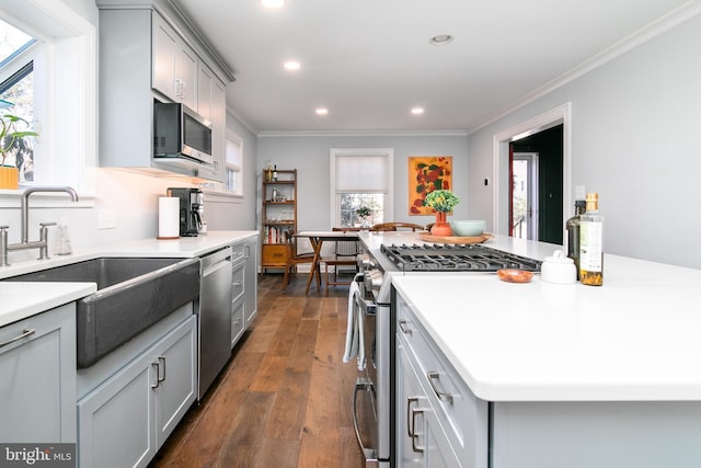 kitchen with gray cabinetry, stainless steel appliances, a sink, dark wood-style floors, and crown molding