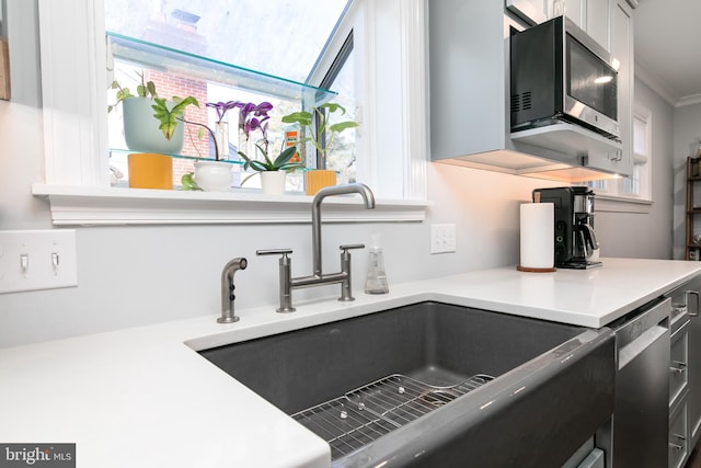 room details featuring light countertops, appliances with stainless steel finishes, a sink, and crown molding