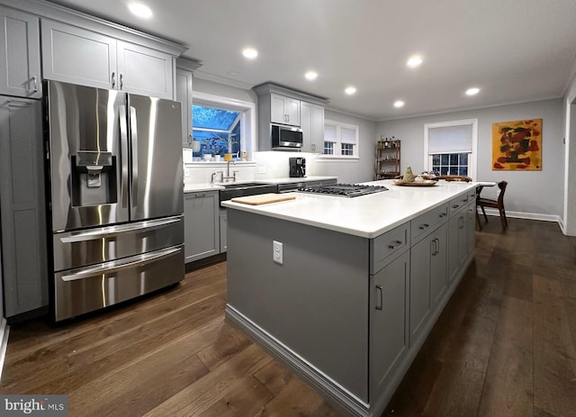 kitchen featuring appliances with stainless steel finishes, a kitchen island, gray cabinets, and dark wood finished floors