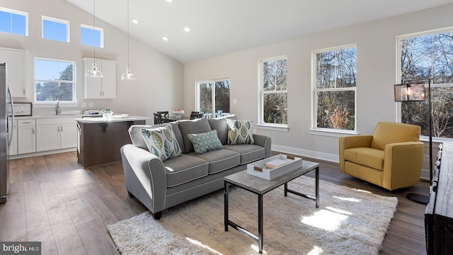 living room with a wealth of natural light, dark hardwood / wood-style flooring, vaulted ceiling, and sink