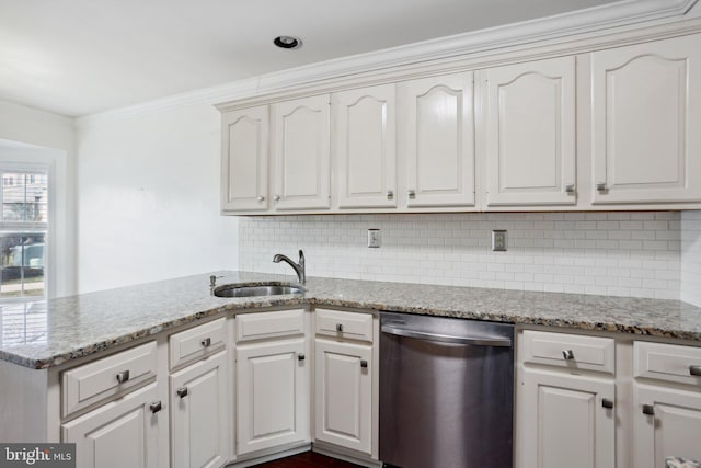 kitchen with dishwasher, white cabinets, ornamental molding, and sink