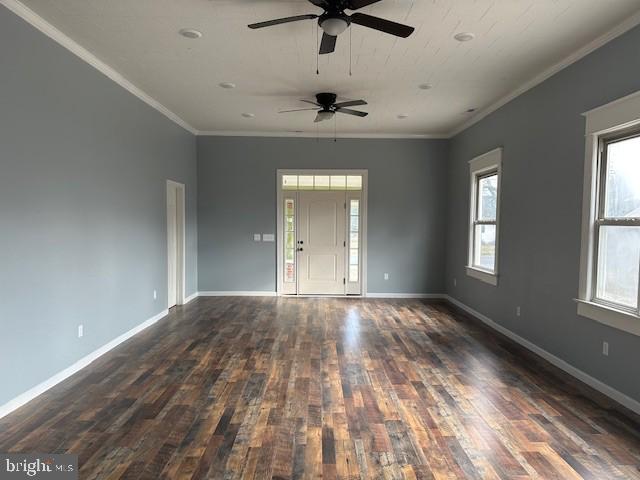 empty room featuring dark hardwood / wood-style floors, ceiling fan, and crown molding