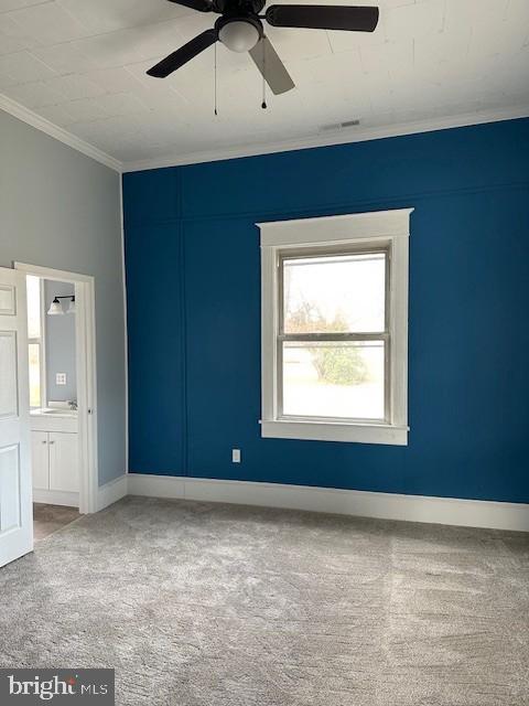 spare room featuring ceiling fan, carpet floors, and ornamental molding