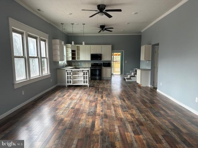 kitchen featuring ceiling fan, plenty of natural light, crown molding, and black appliances