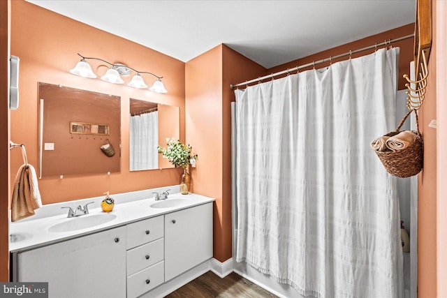 bathroom with hardwood / wood-style floors and vanity