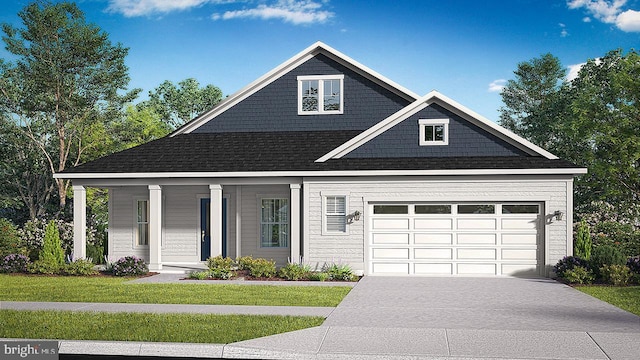 view of front of home with a front lawn, a porch, and a garage