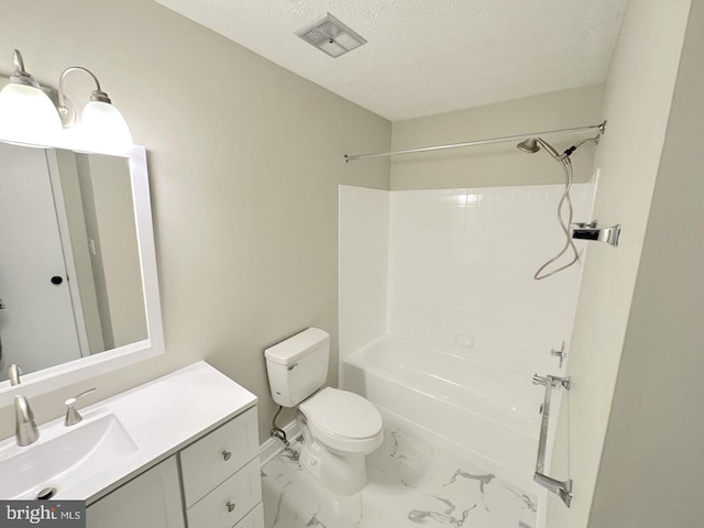 full bathroom featuring vanity, toilet, shower / bathtub combination, and a textured ceiling