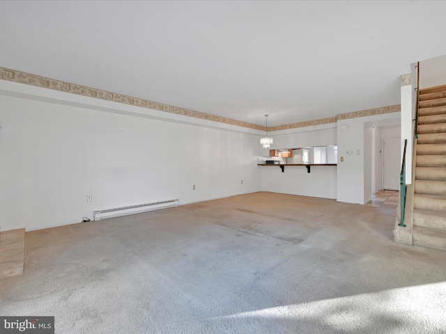 interior space with light colored carpet, baseboard heating, and an inviting chandelier