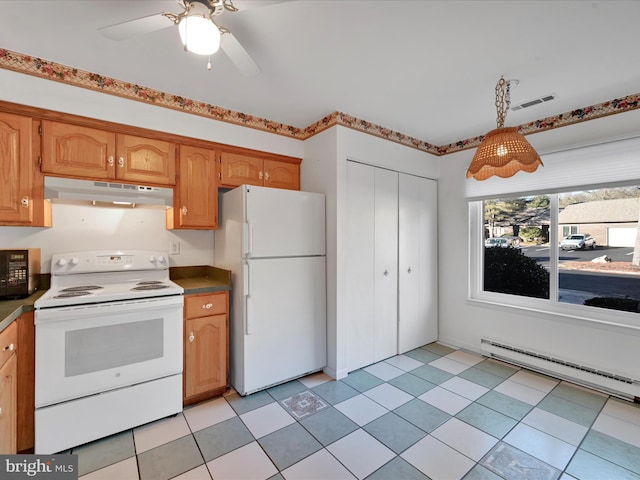 kitchen with ceiling fan, a baseboard heating unit, decorative light fixtures, white appliances, and light tile patterned floors