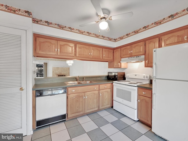 kitchen with ceiling fan, sink, light tile patterned flooring, and white appliances