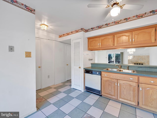 kitchen featuring dishwasher, ceiling fan, and sink