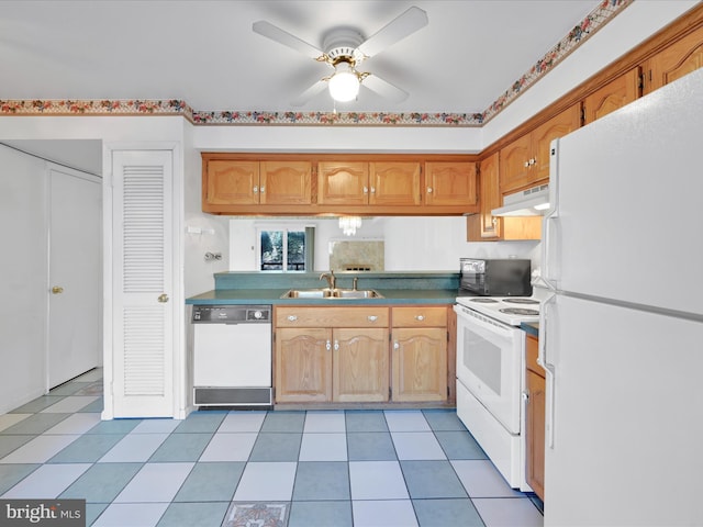 kitchen featuring ceiling fan, sink, extractor fan, white appliances, and light tile patterned floors