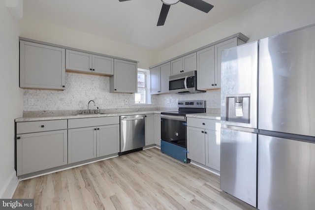 kitchen with appliances with stainless steel finishes, light wood-type flooring, ceiling fan, sink, and gray cabinets