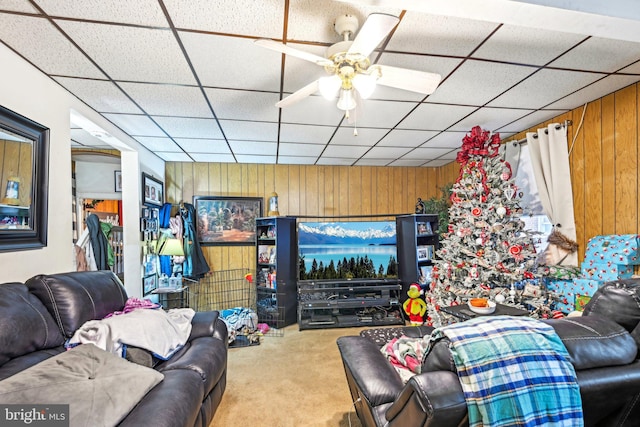 carpeted living room with ceiling fan, a drop ceiling, and wood walls