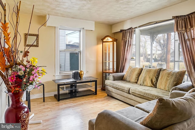 living room featuring light wood-type flooring and a textured ceiling