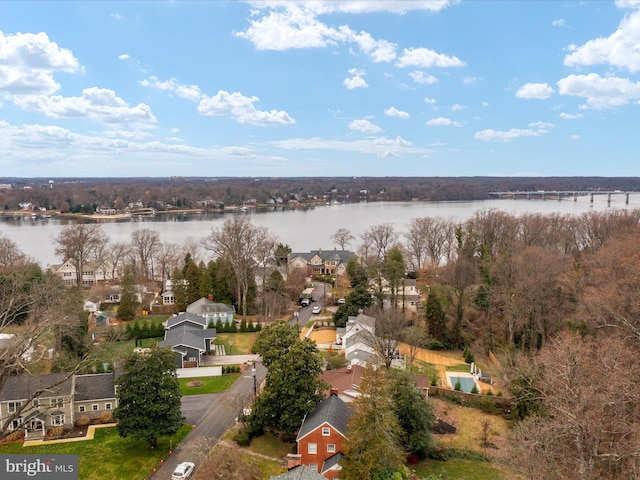 drone / aerial view featuring a water view