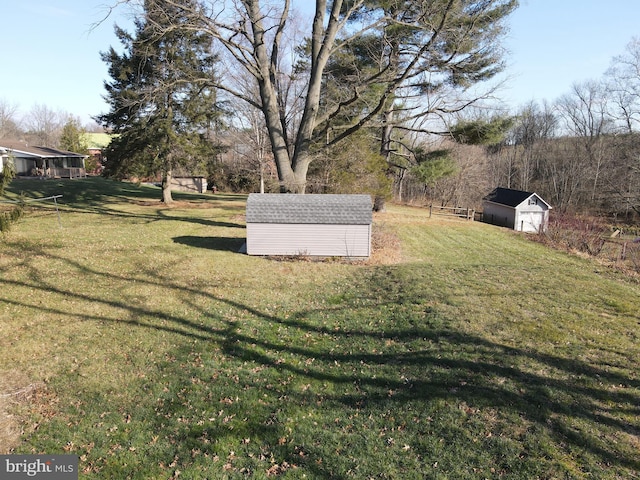 view of yard featuring a storage shed