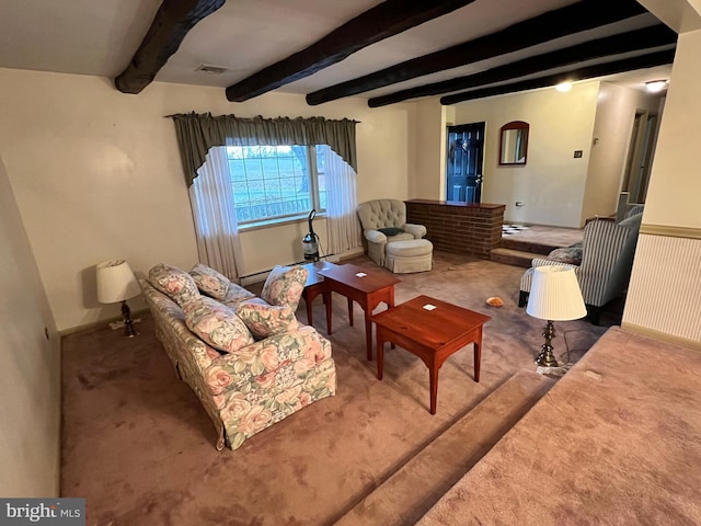 living room featuring beamed ceiling and carpet floors