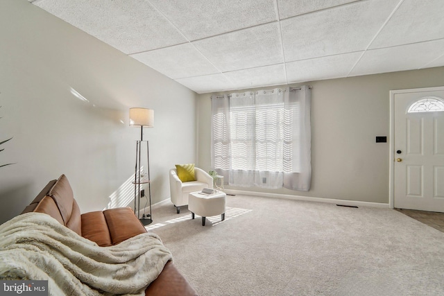 sitting room featuring a drop ceiling and carpet flooring