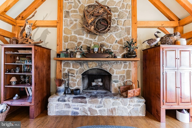 room details with hardwood / wood-style flooring and a stone fireplace