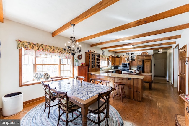 dining room with beamed ceiling, dark hardwood / wood-style floors, sink, and a chandelier