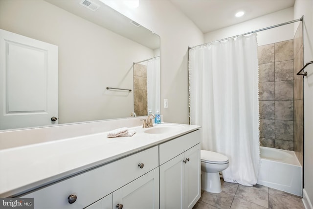 full bathroom with shower / bath combination with curtain, tile patterned floors, toilet, and vanity