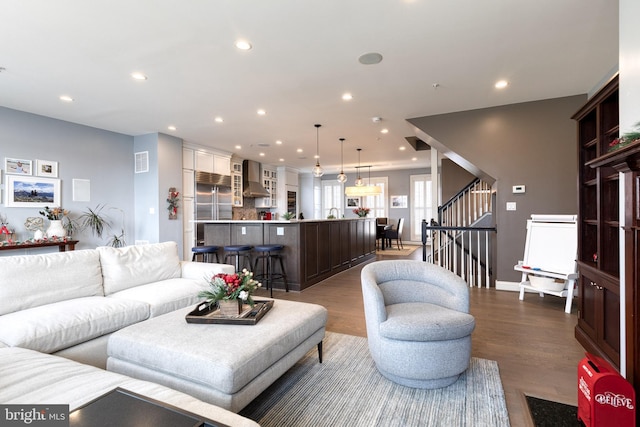 living room with dark wood-type flooring