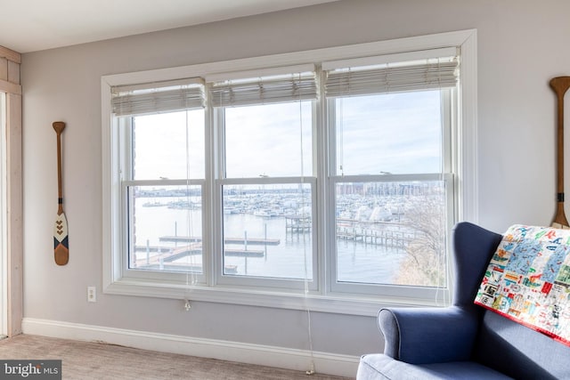 living area featuring a water view and a wealth of natural light