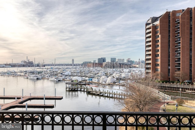 view of dock with a water view