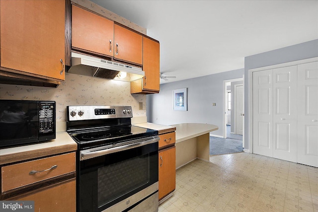 kitchen with ceiling fan and stainless steel electric range oven