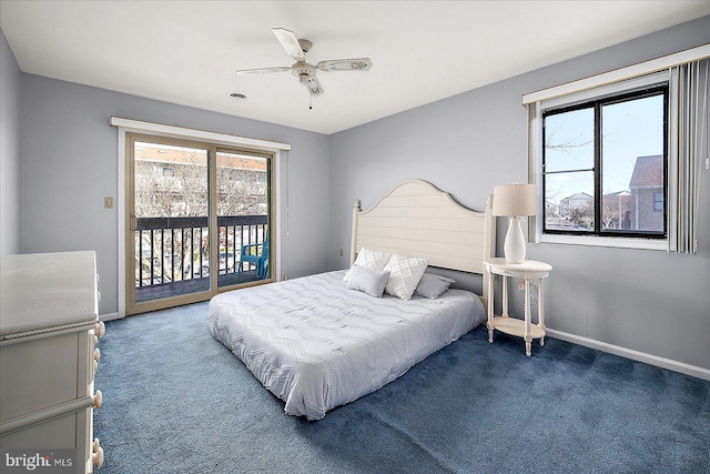 carpeted bedroom featuring access to exterior and ceiling fan