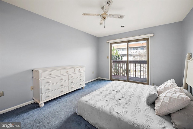 bedroom with access to exterior, carpet, and ceiling fan