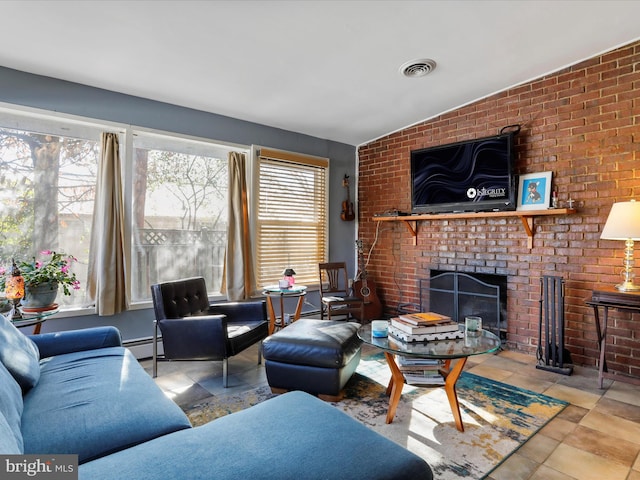 tiled living room with a brick fireplace, baseboard heating, and vaulted ceiling