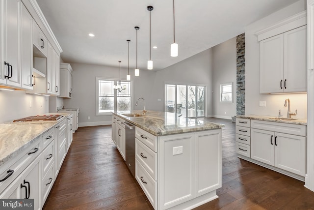 kitchen with a center island with sink, plenty of natural light, dark wood-type flooring, and sink