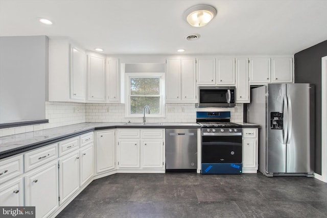 kitchen featuring backsplash, sink, white cabinetry, and stainless steel appliances