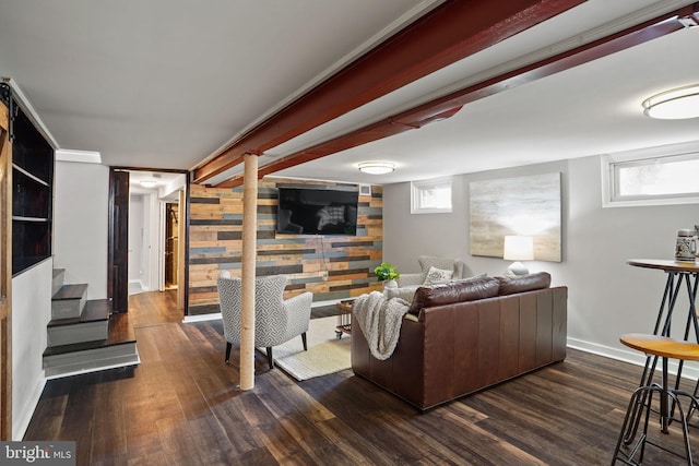 living room with dark hardwood / wood-style floors